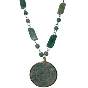 Nephrite Jade Green Beaded Chain Carved Sun God Pendent Vintage Necklace